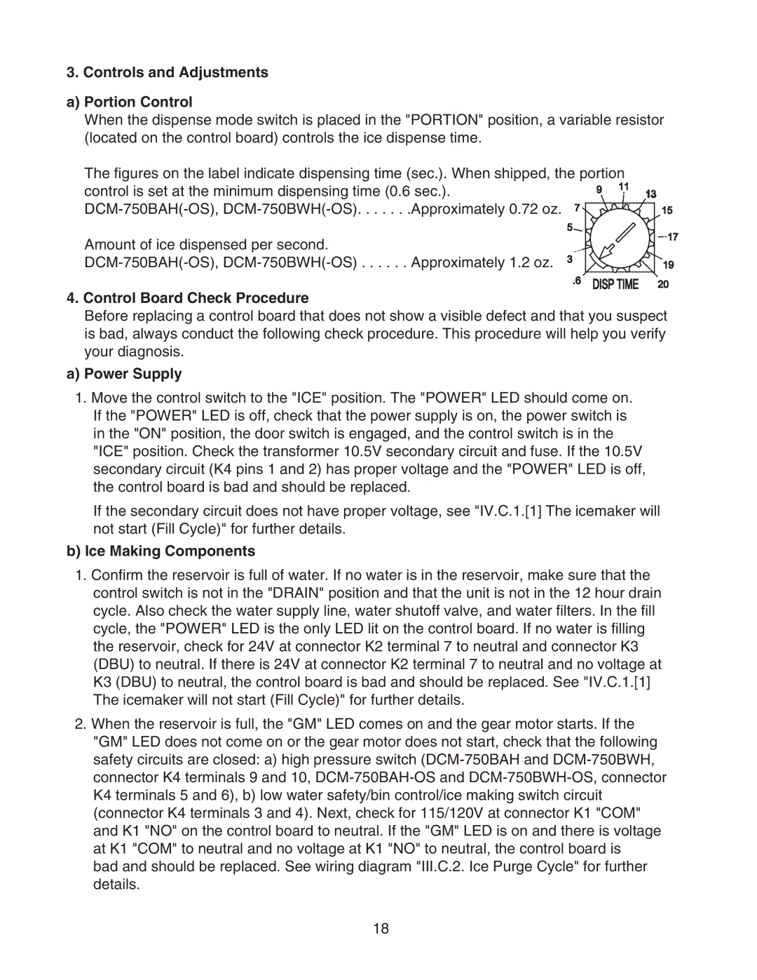 Hoshizaki DCM-750BAH-OS, DCM-750BWH Controls and Adjustments Portion Control, Control Board Check Procedure, Power Supply 