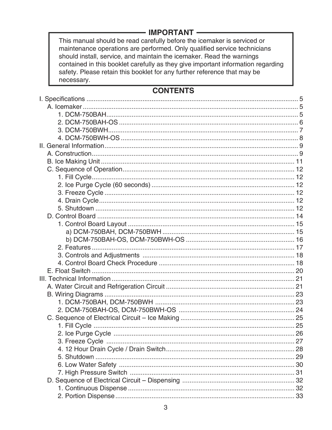 Hoshizaki DCM-750BWH-OS, DCM-750BAH-OS service manual Contents 