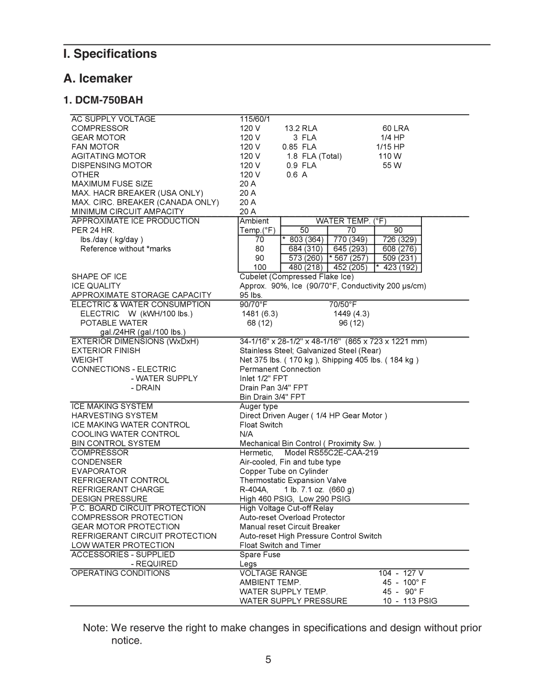 Hoshizaki DCM-750BAH-OS, DCM-750BWH-OS service manual Specifications Icemaker 