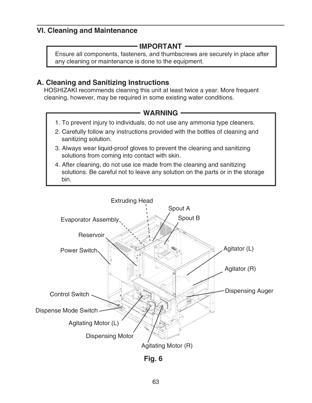 Hoshizaki DCM-750BWH-OS, DCM-750BAH-OS service manual VI. Cleaning and Maintenance, Cleaning and Sanitizing Instructions 