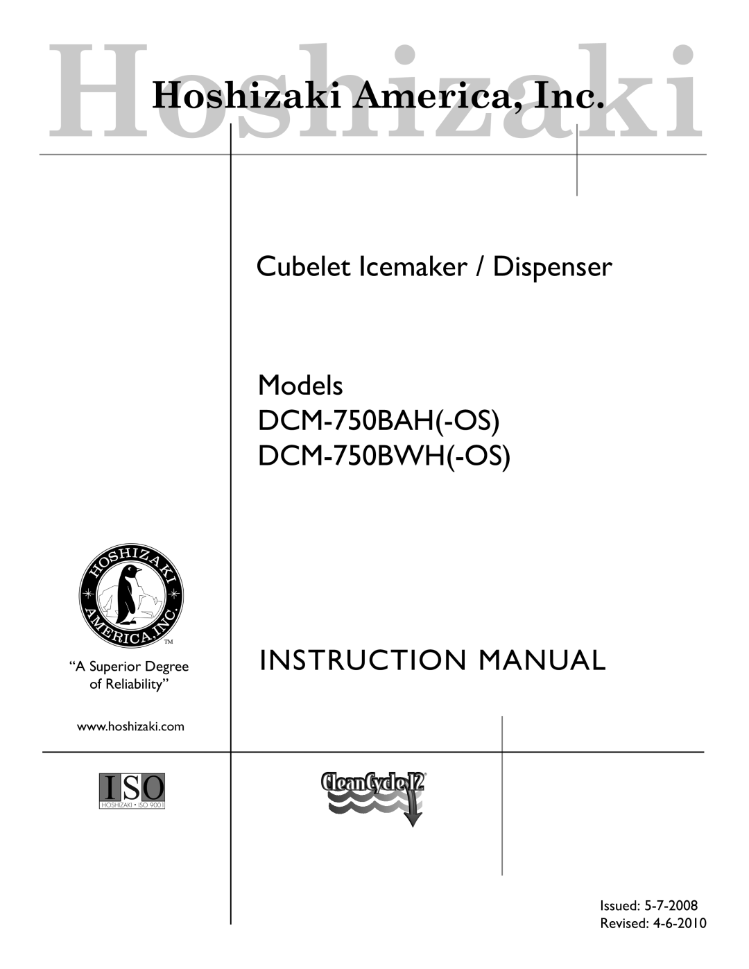 Hoshizaki DCM-750BAH(-OS), DCM-750BWH(-OS) instruction manual Cubelet Icemaker / Dispenser Models DCM-750BAH-OS 