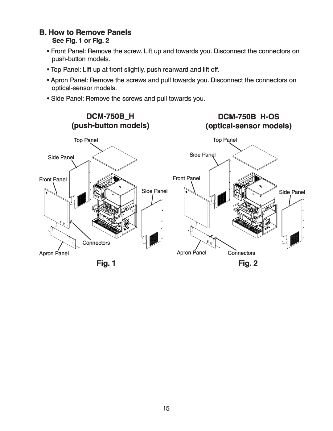 Hoshizaki DCM-750BAH(-OS) B. How to Remove Panels, Fig, DCM-750B_H-OS, push-buttonmodels, optical-sensormodels 