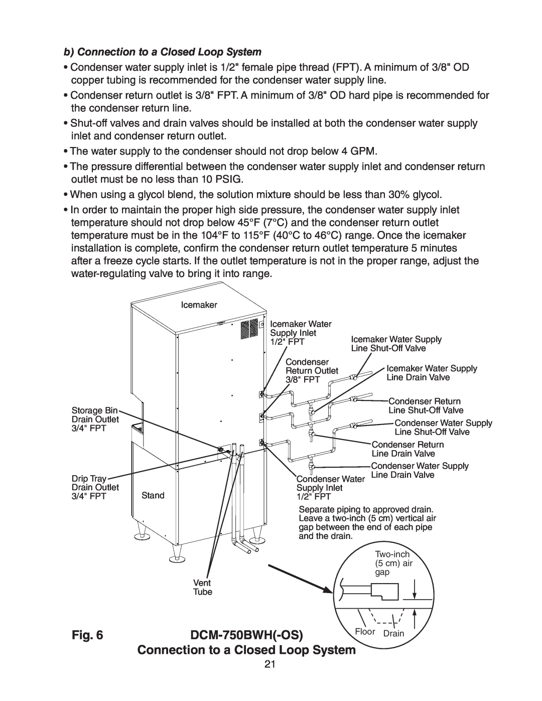 Hoshizaki DCM-750BAH(-OS), DCM-750BWH(-OS) instruction manual DCM-750BWH-OS, b Connection to a Closed Loop System, Fig 