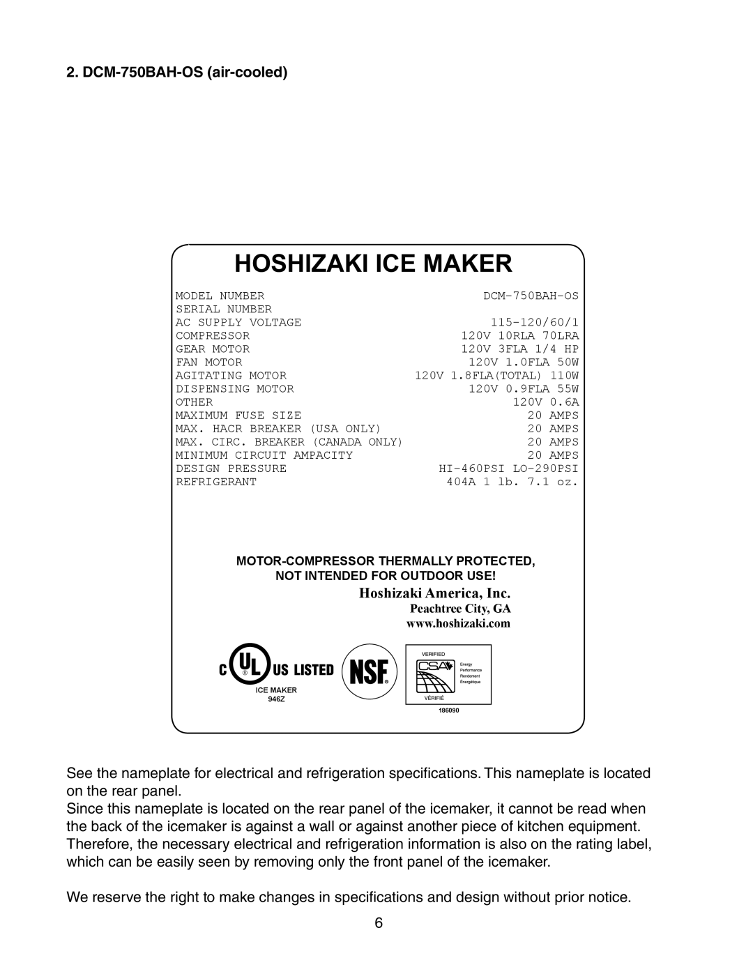 Hoshizaki DCM-750BWH(-OS), DCM-750BAH(-OS) Hoshizaki Ice Maker, DCM-750BAH-OS air-cooled, Hoshizaki America, Inc 
