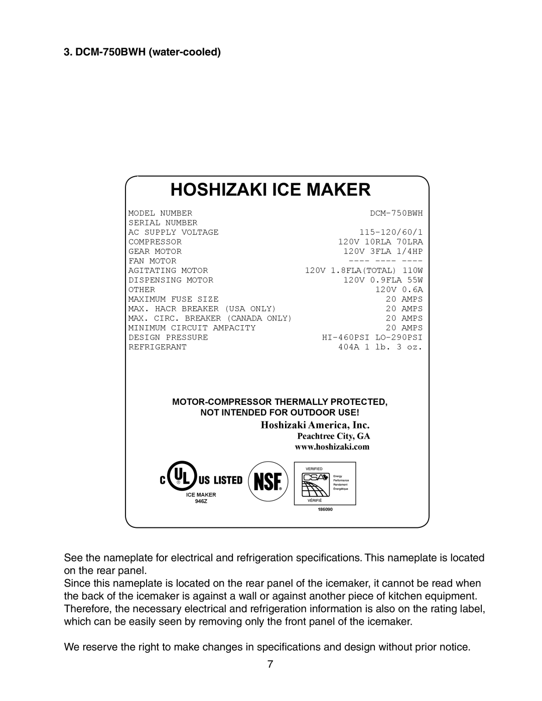 Hoshizaki DCM-750BAH(-OS), DCM-750BWH(-OS) Hoshizaki Ice Maker, DCM-750BWH water-cooled, Hoshizaki America, Inc 