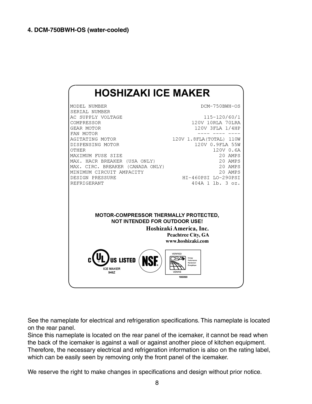 Hoshizaki DCM-750BWH(-OS), DCM-750BAH(-OS) Hoshizaki Ice Maker, DCM-750BWH-OS water-cooled, Hoshizaki America, Inc 
