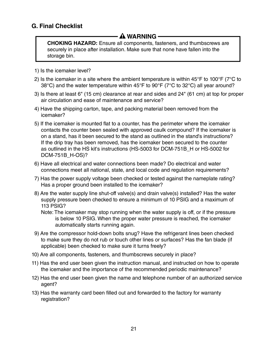 Hoshizaki DCM-751BWH(-OS), DCM-751BAH(-OS) instruction manual Final Checklist 