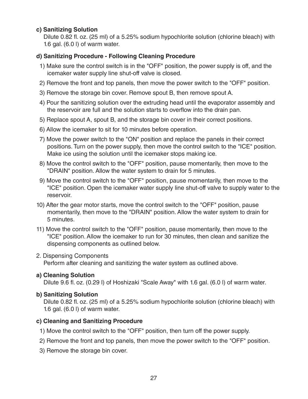 Hoshizaki DCM-751BWH(-OS), DCM-751BAH(-OS) instruction manual Sanitizing Solution 