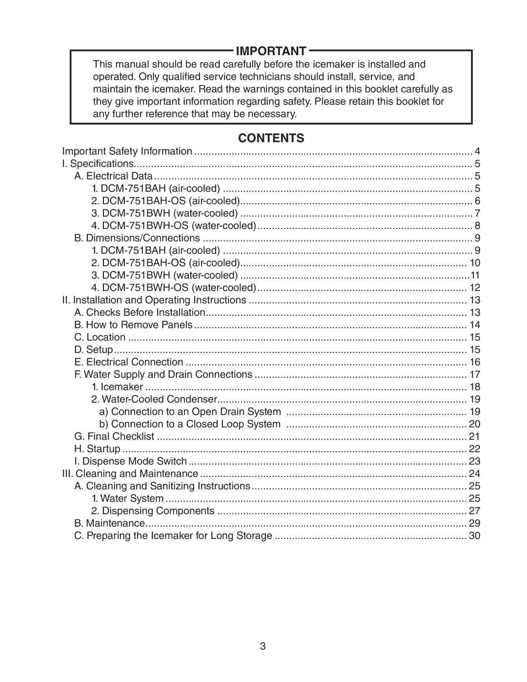 Hoshizaki DCM-751BWH(-OS), DCM-751BAH(-OS) instruction manual Contents 