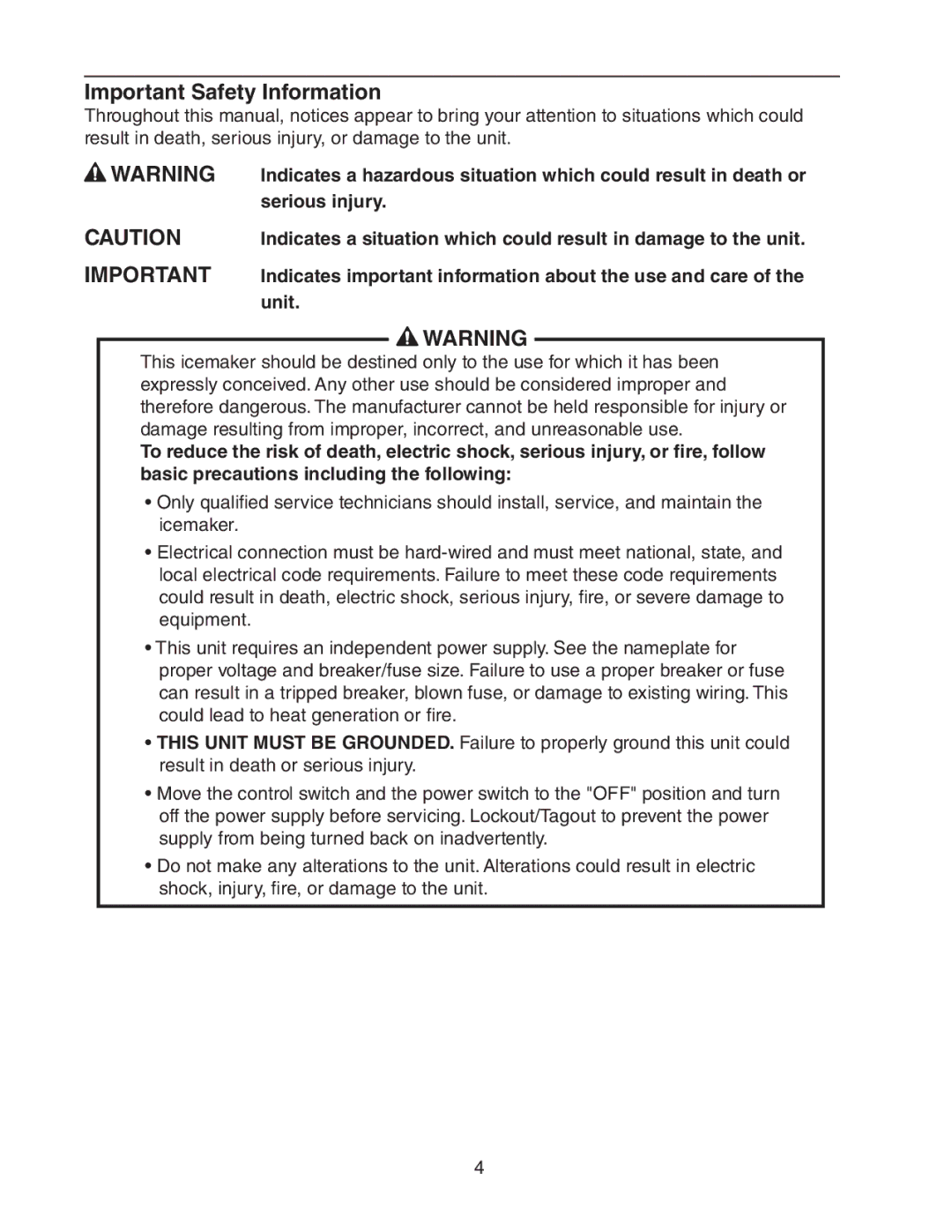 Hoshizaki DCM-751BAH(-OS), DCM-751BWH(-OS) instruction manual Important Safety Information, Unit 