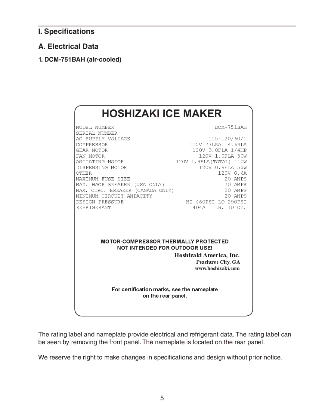 Hoshizaki DCM-751BWH(-OS), DCM-751BAH(-OS) instruction manual Hoshizaki ICE Maker, Specifications Electrical Data 