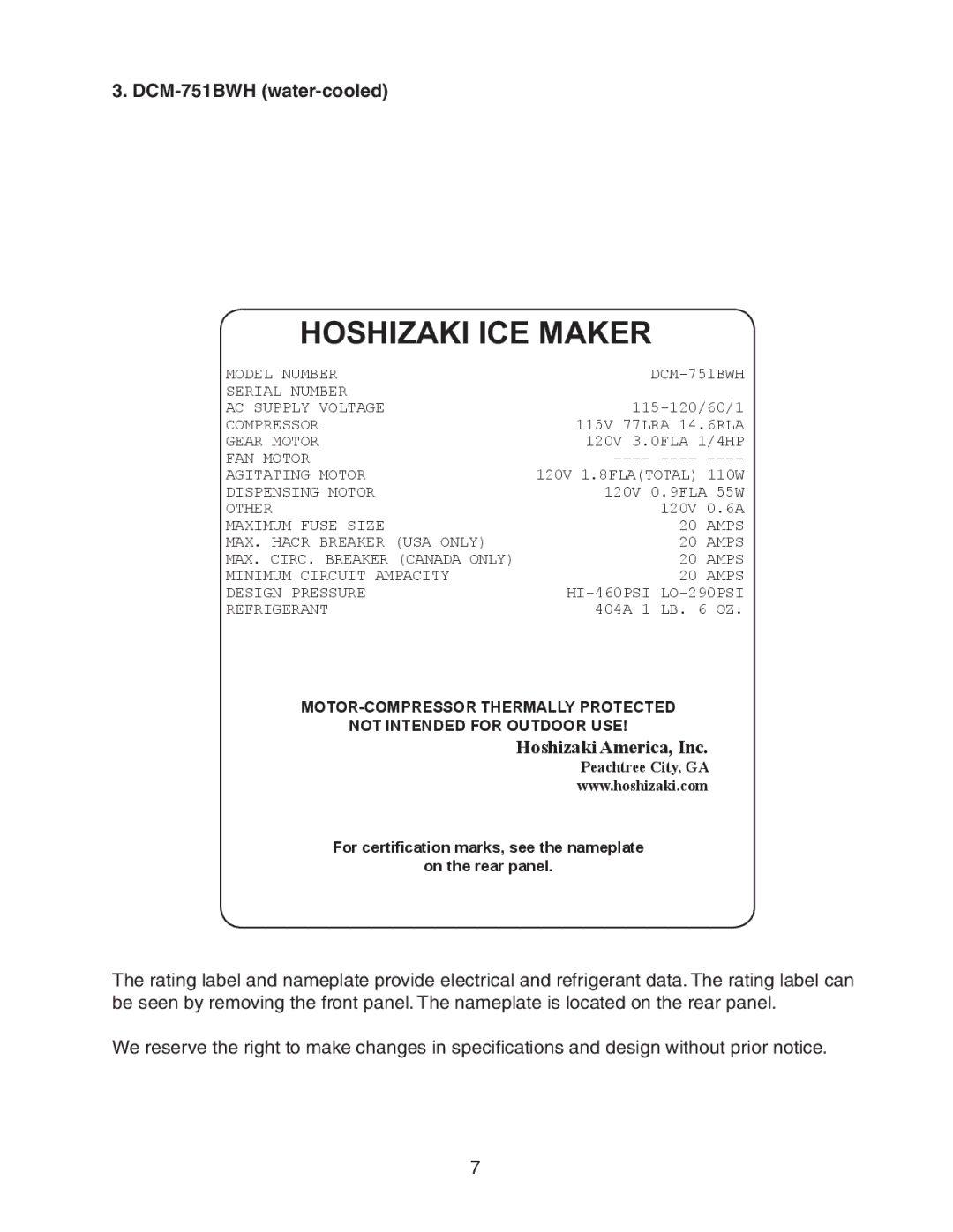 Hoshizaki DCM-751BWH(-OS), DCM-751BAH(-OS) instruction manual DCM-751BWH water-cooled 