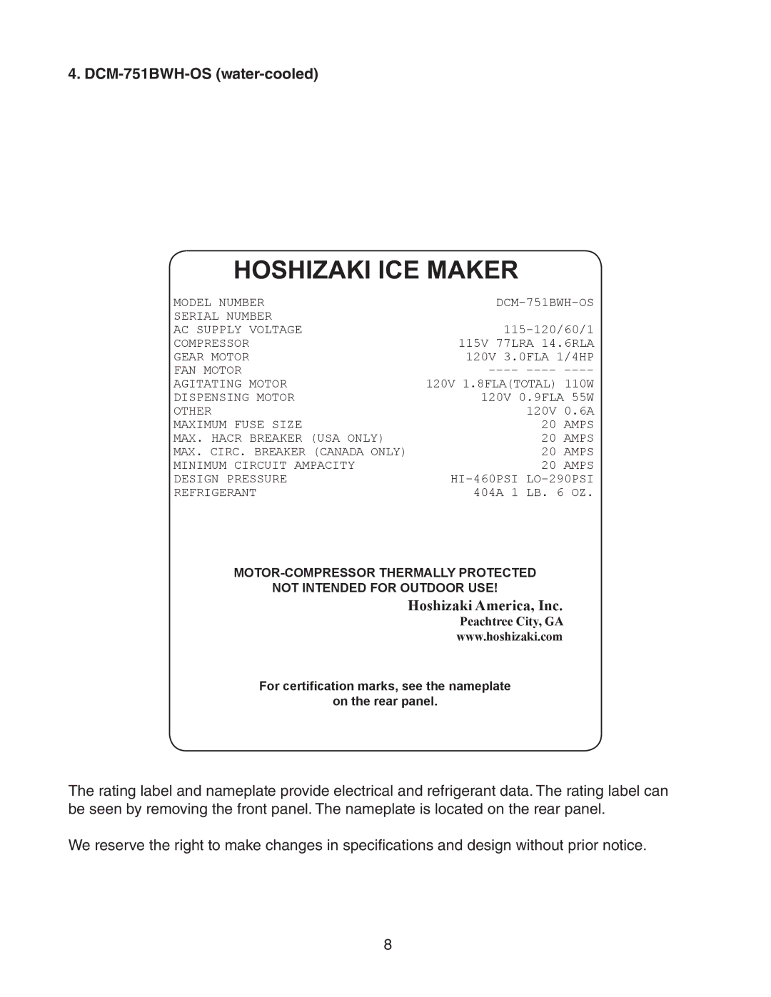 Hoshizaki DCM-751BAH(-OS), DCM-751BWH(-OS) instruction manual DCM-751BWH-OS water-cooled 