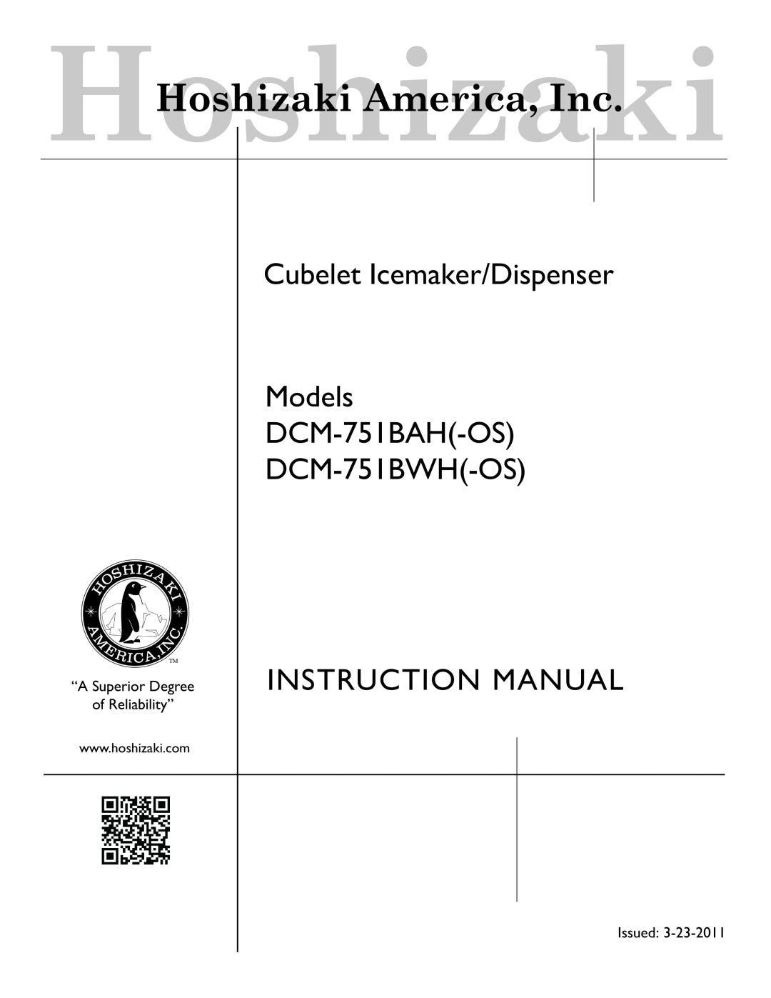 Hoshizaki DCM-751BWH(-OS), DCM-751BAH(-OS) instruction manual Cubelet Icemaker/Dispenser Models DCM-751BAH-OS 