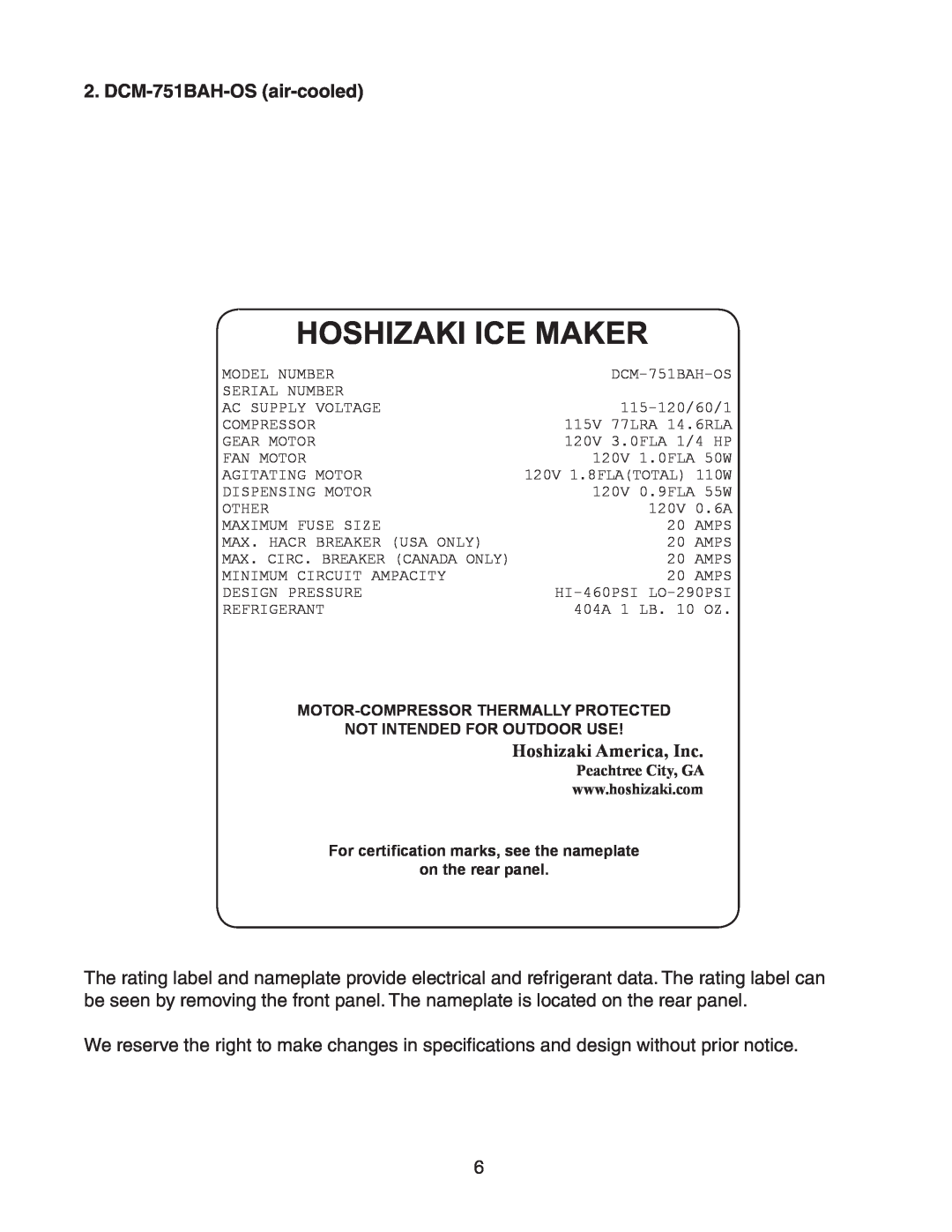 Hoshizaki DCM-751BAH(-OS), DCM-751BWH(-OS) DCM-751BAH-OS air-cooled, Hoshizaki Ice Maker, Hoshizaki America, Inc 