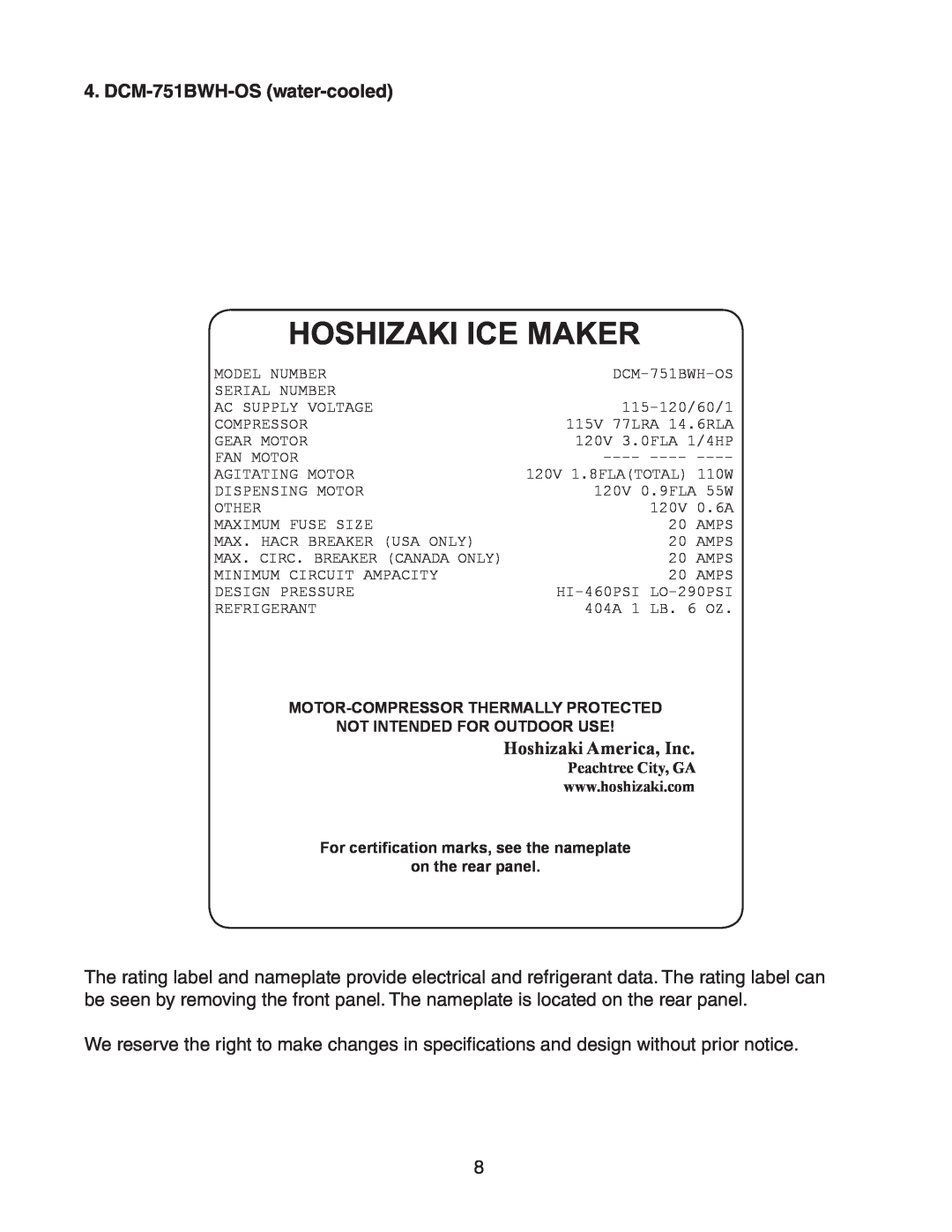 Hoshizaki DCM-751BAH(-OS), DCM-751BWH(-OS) DCM-751BWH-OS water-cooled, Hoshizaki Ice Maker, Hoshizaki America, Inc 