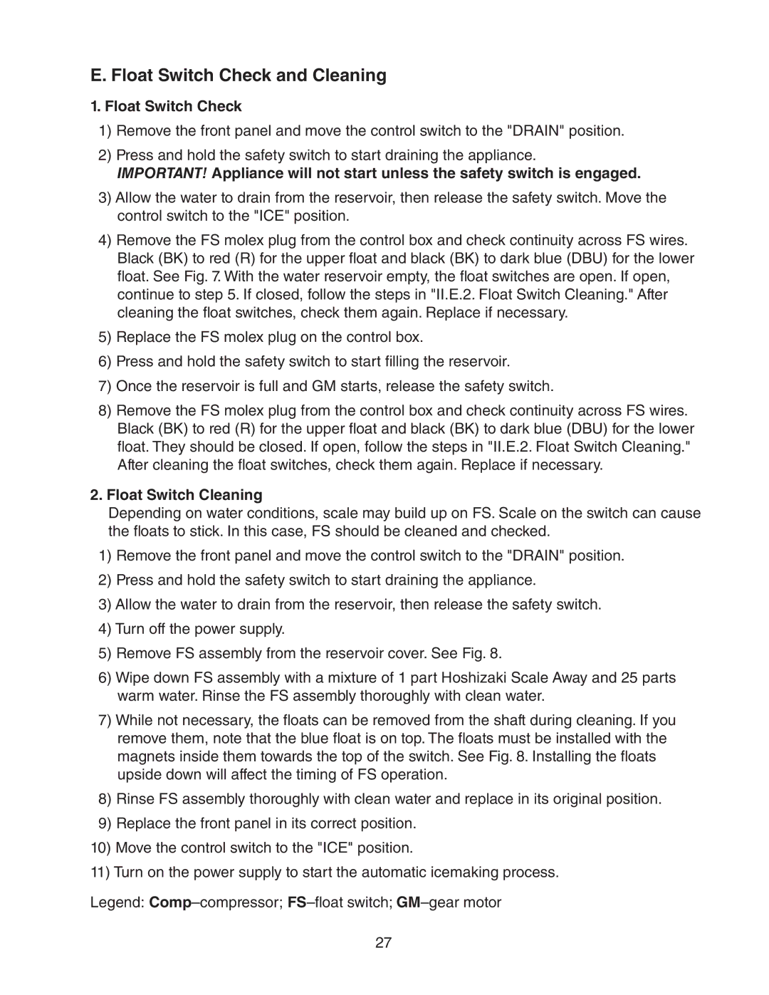 Hoshizaki dcm-75ibah service manual Float Switch Check and Cleaning, Float Switch Cleaning 