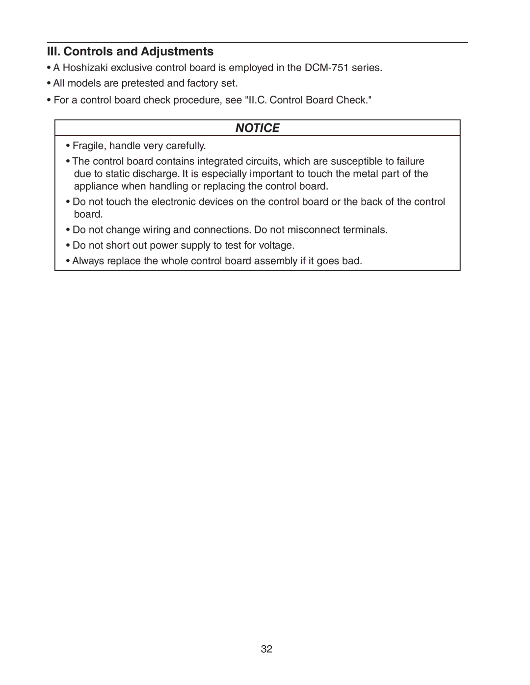 Hoshizaki dcm-75ibah service manual III. Controls and Adjustments 