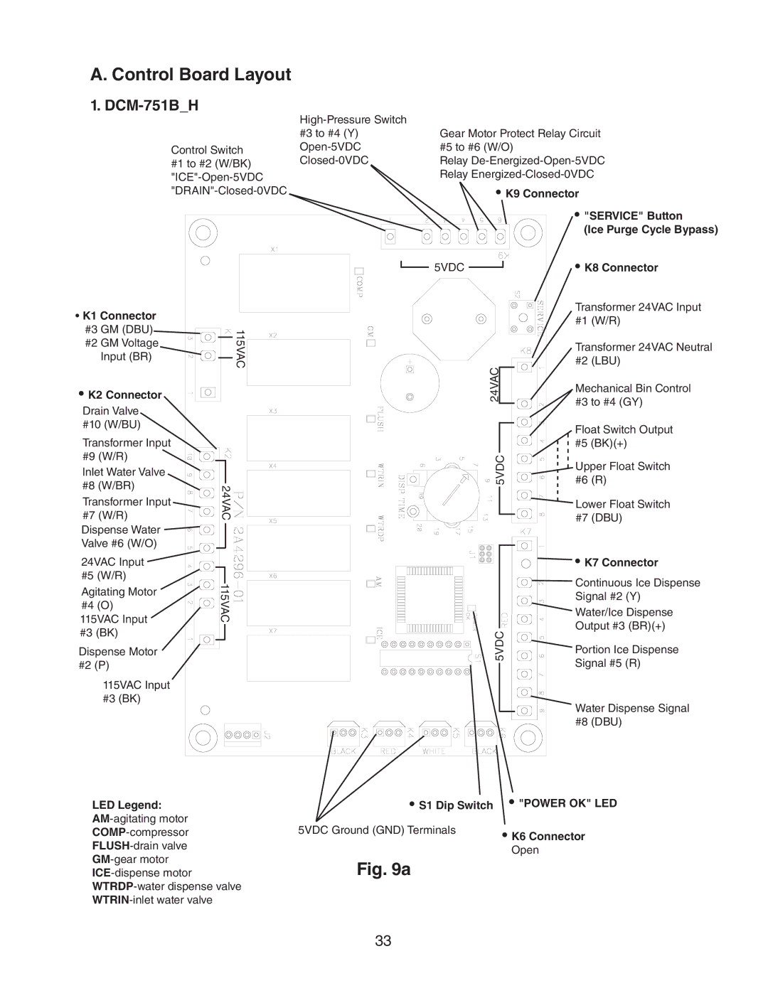 Hoshizaki dcm-75ibah service manual Control Board Layout, DCM-751BH 