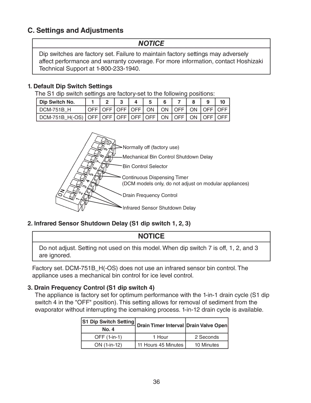 Hoshizaki dcm-75ibah Settings and Adjustments, Default Dip Switch Settings, Drain Frequency Control S1 dip switch 