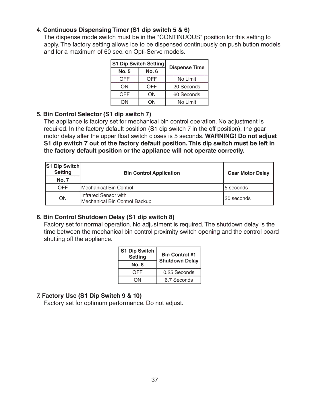 Hoshizaki dcm-75ibah service manual Continuous Dispensing Timer S1 dip switch 5, Bin Control Selector S1 dip switch 