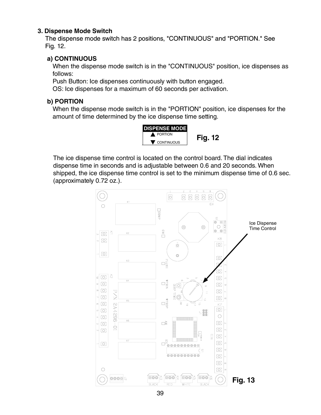 Hoshizaki dcm-75ibah service manual Dispense Mode Switch, Continuous, Portion 