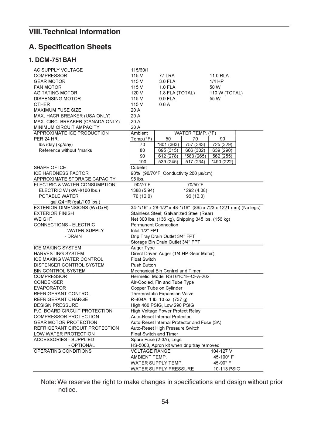 Hoshizaki dcm-75ibah service manual VIII. Technical Information Specification Sheets, DCM-751BAH 