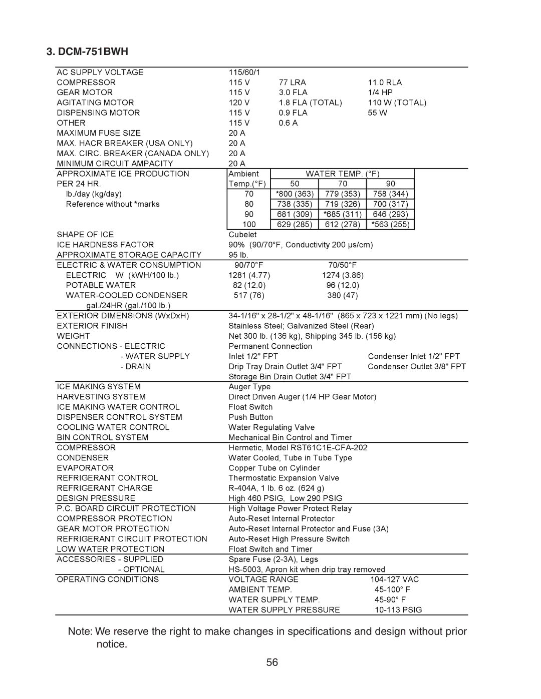 Hoshizaki dcm-75ibah service manual DCM-751BWH, Potable Water WATER-COOLED Condenser 