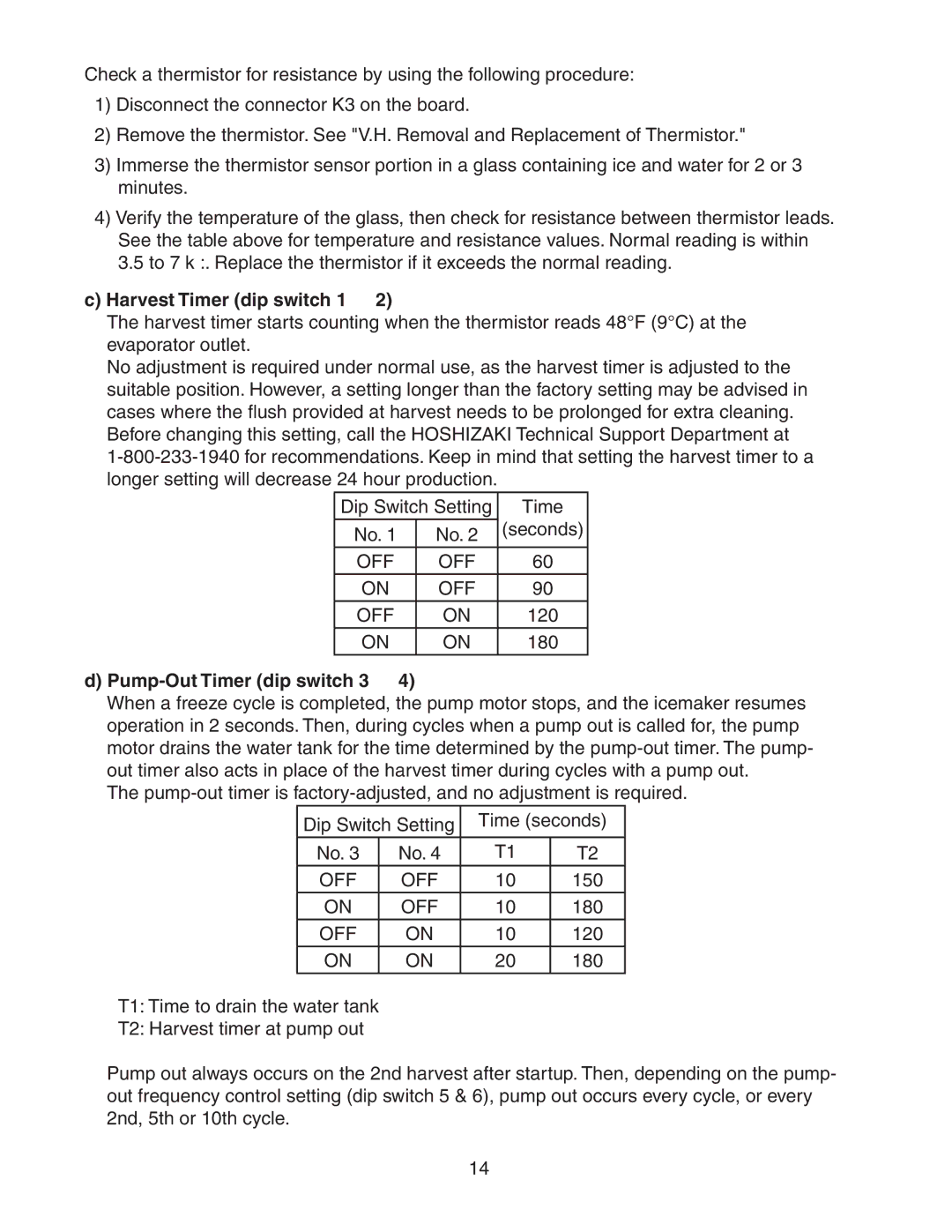 Hoshizaki DKM-500BAH service manual Harvest Timer dip switch 1, Pump-Out Timer dip switch 3 