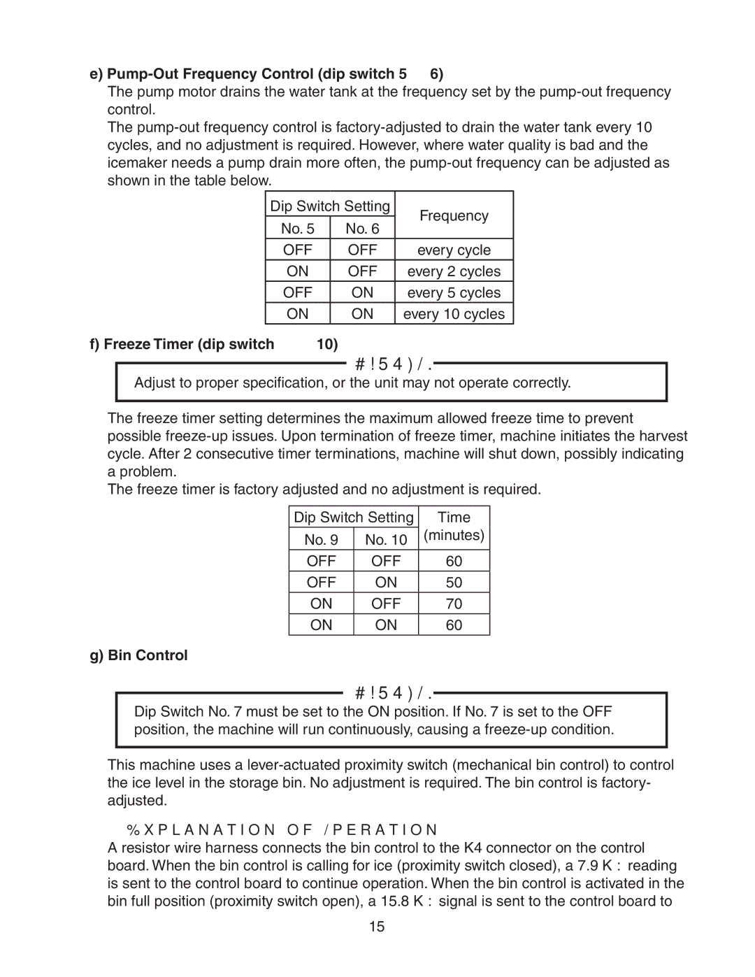 Hoshizaki DKM-500BAH service manual Pump-Out Frequency Control dip switch 5, Freeze Timer dip switch 9, Bin Control 