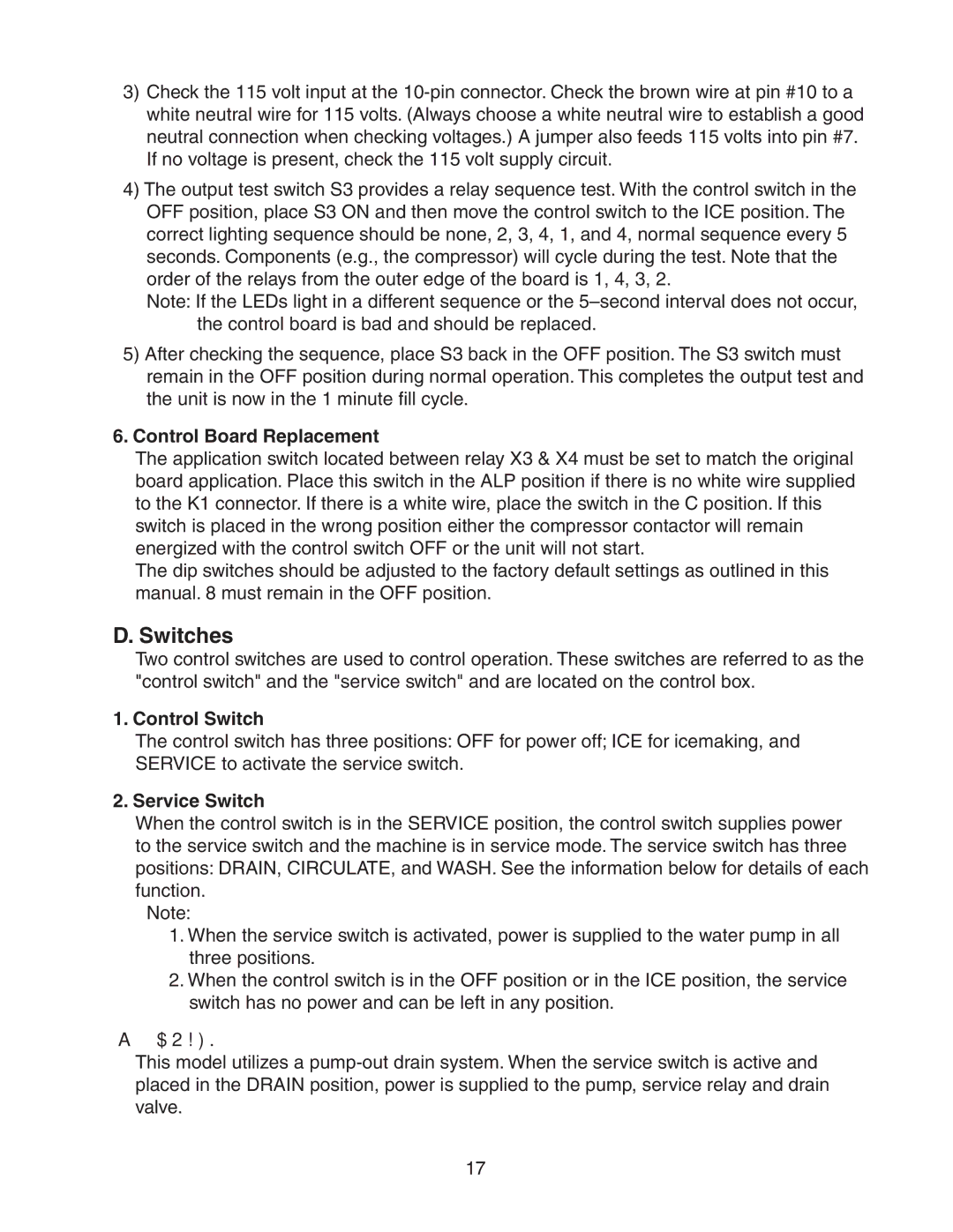 Hoshizaki DKM-500BAH service manual Switches, Control Board Replacement, Control Switch, Service Switch, Drain 