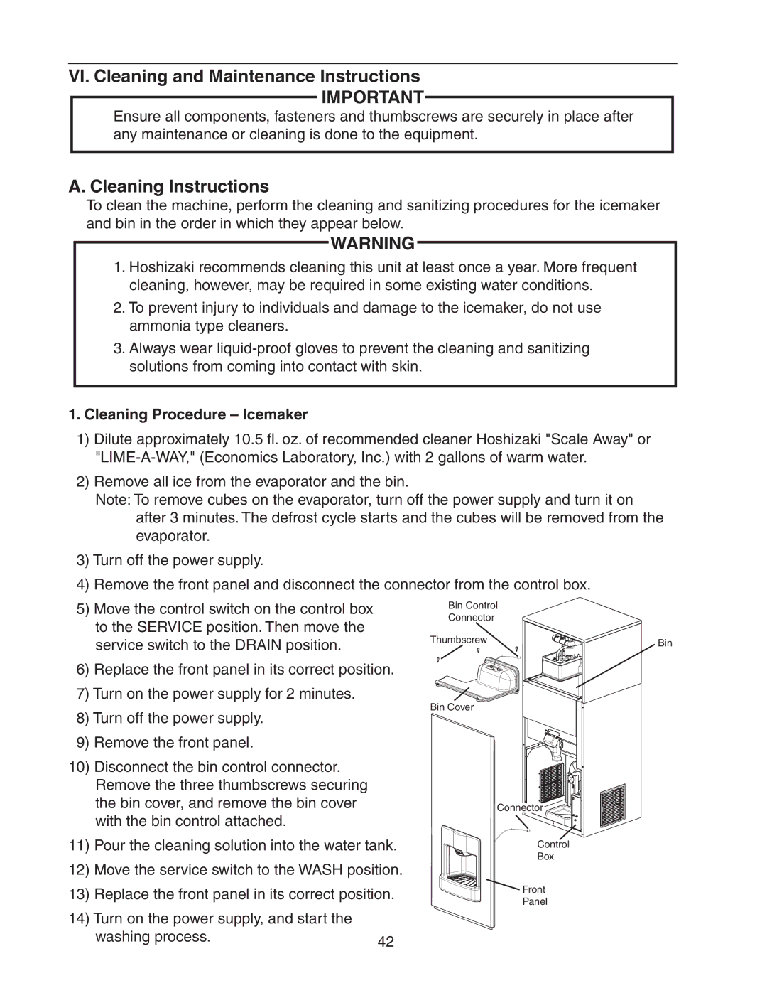 Hoshizaki DKM-500BAH VI. Cleaning and Maintenance Instructions, Cleaning Instructions, Cleaning Procedure Icemaker 