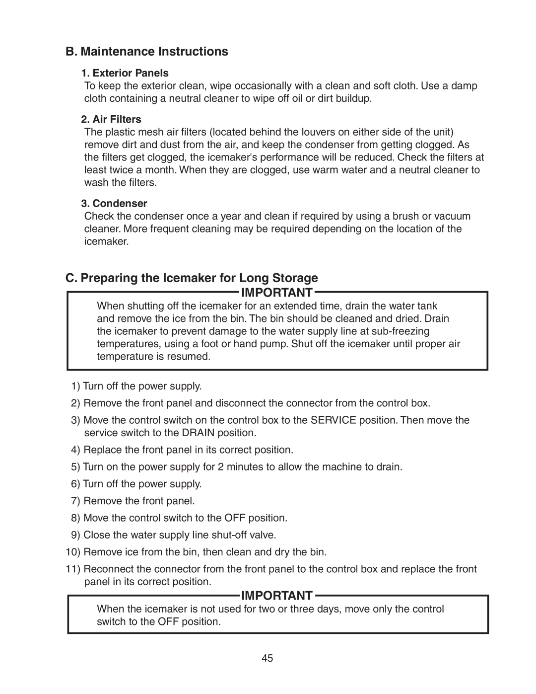 Hoshizaki DKM-500BAH Maintenance Instructions, Preparing the Icemaker for Long Storage, Exterior Panels, Air Filters 