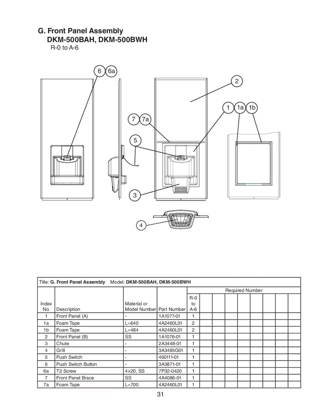 Hoshizaki manual To A-6 1a 1b, Title G. Front Panel Assembly Model DKM-500BAH, DKM-500BWH 