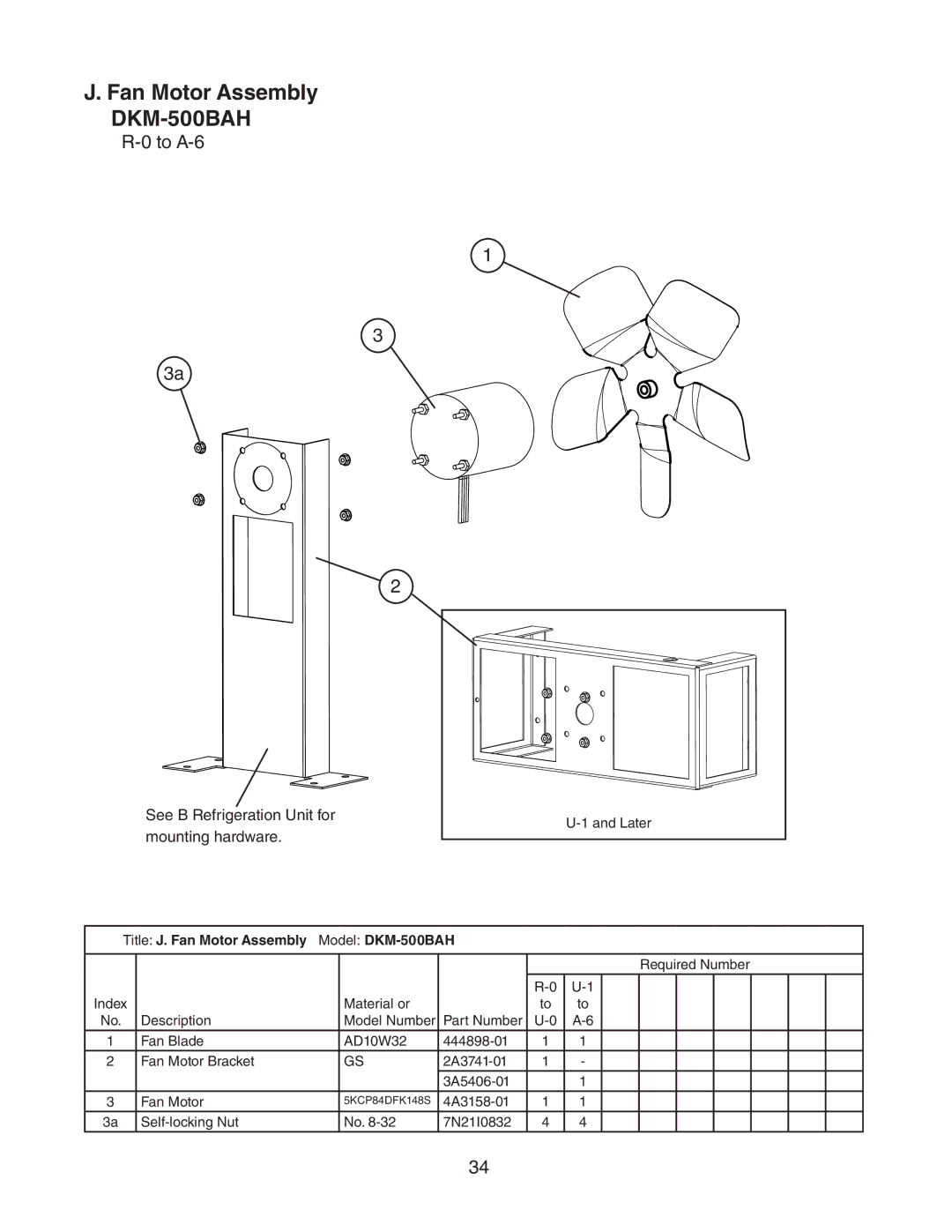 Hoshizaki DKM-500BWH manual See B Refrigeration Unit for mounting hardware, Title J. Fan Motor Assembly Model DKM-500BAH 