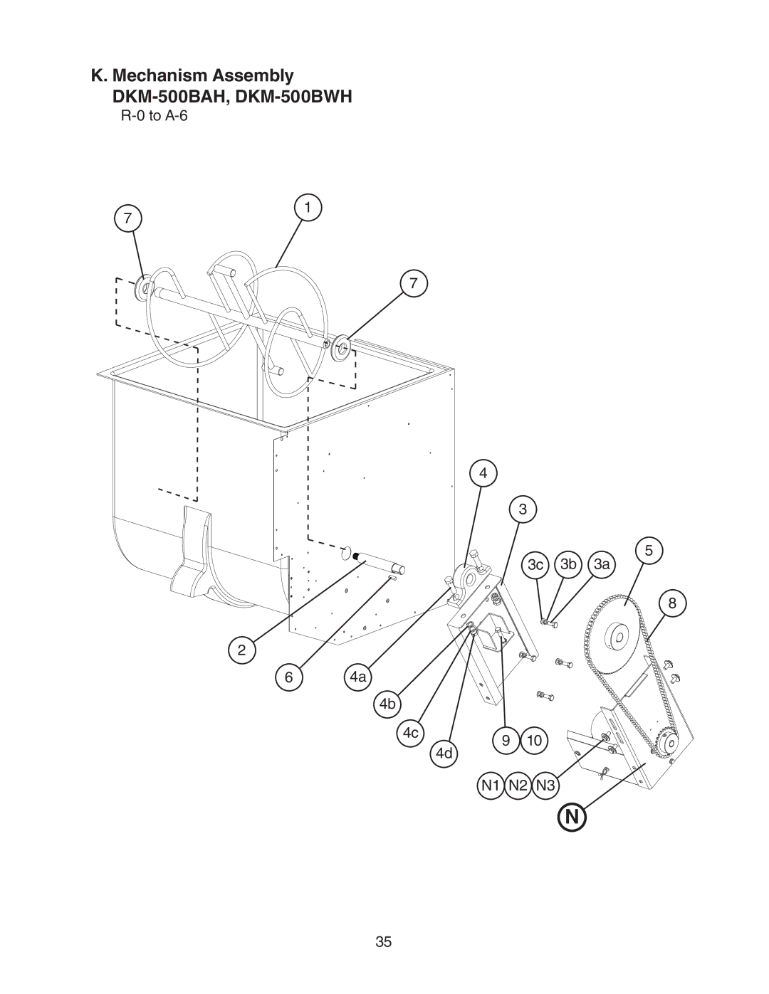 Hoshizaki manual Mechanism Assembly DKM-500BAH, DKM-500BWH, To A-6 3c 3b 3a N1 N2 N3 