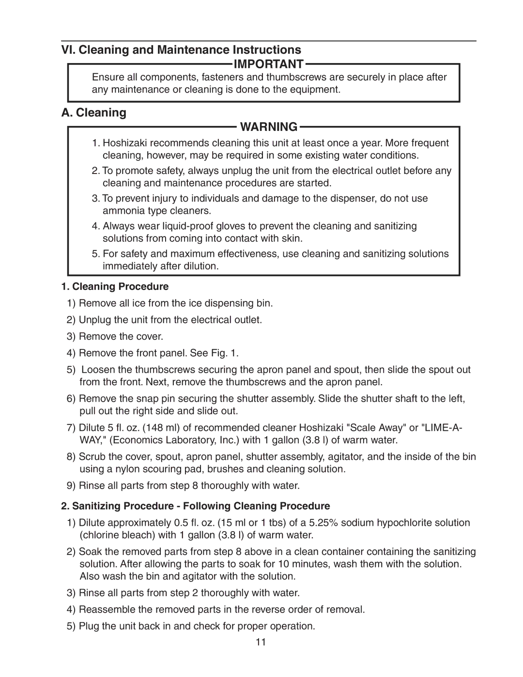 Hoshizaki DM-200B service manual VI. Cleaning and Maintenance Instructions 