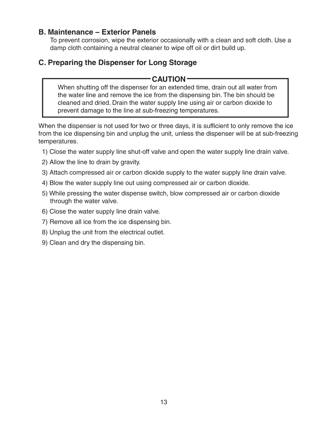 Hoshizaki DM-200B service manual Maintenance Exterior Panels, Preparing the Dispenser for Long Storage 