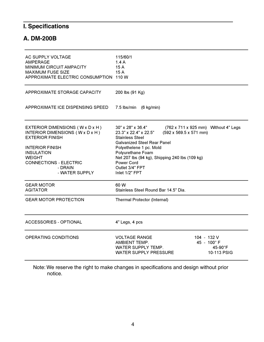 Hoshizaki service manual Speciﬁcations DM-200B, Approximate ICE Dispensing Speed 