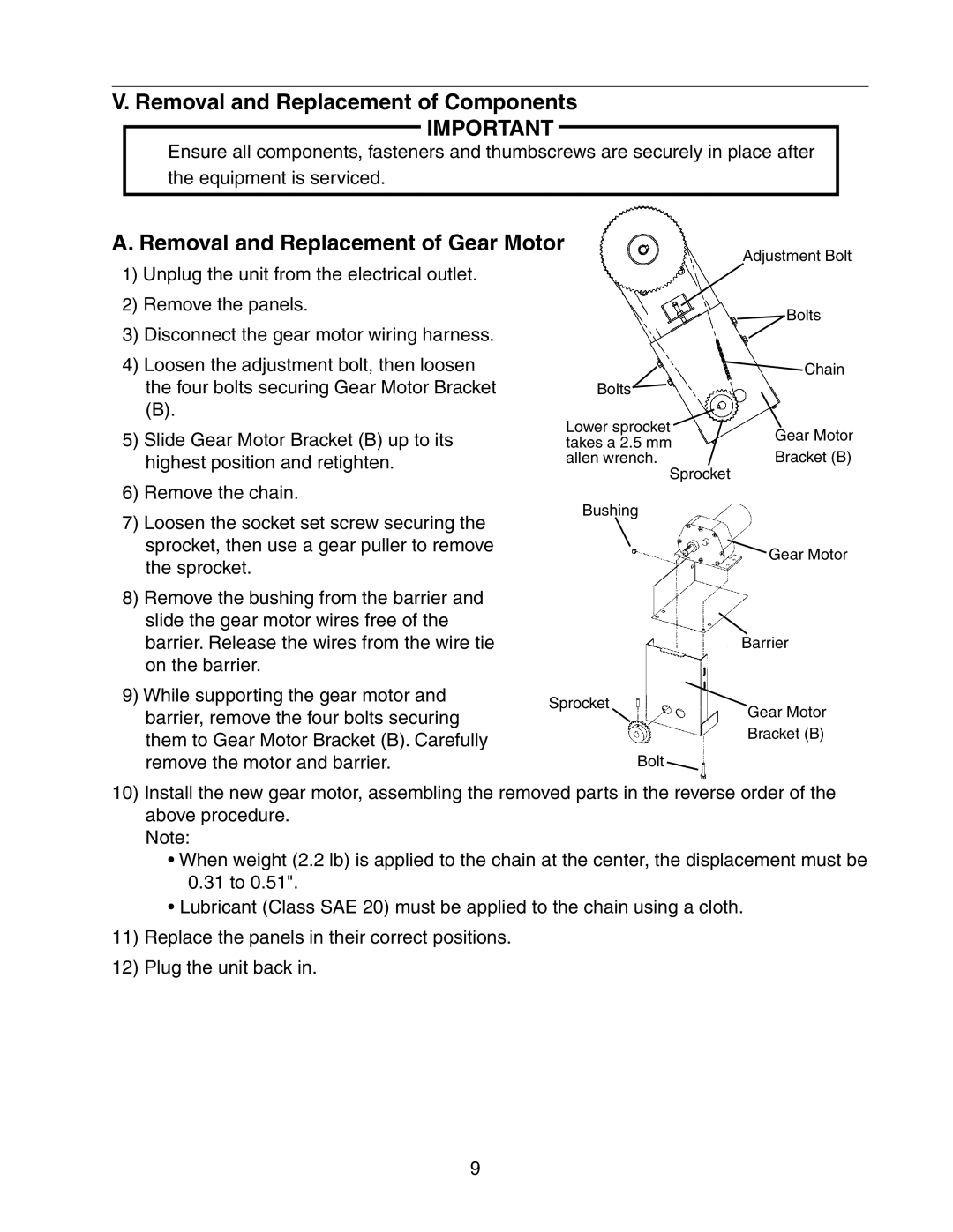 Hoshizaki DM-200B service manual Removal and Replacement of Components, Removal and Replacement of Gear Motor 