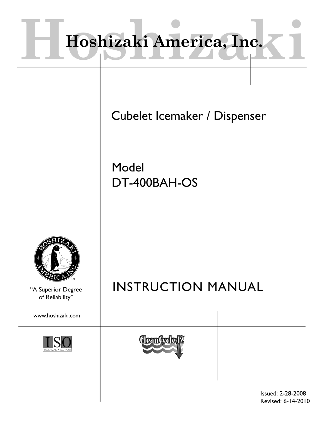 Hoshizaki DT-400BAH-OS instruction manual 