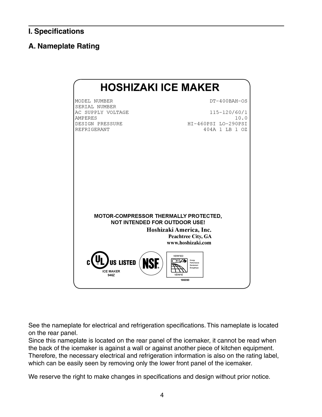 Hoshizaki DT-400BAH-OS instruction manual Hoshizaki ICE Maker, Specifications Nameplate Rating 