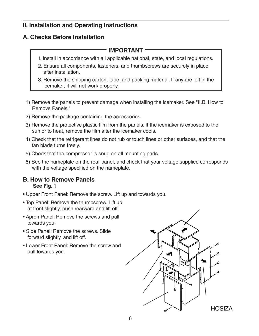 Hoshizaki DT-400BAH-OS instruction manual How to Remove Panels, See Fig 