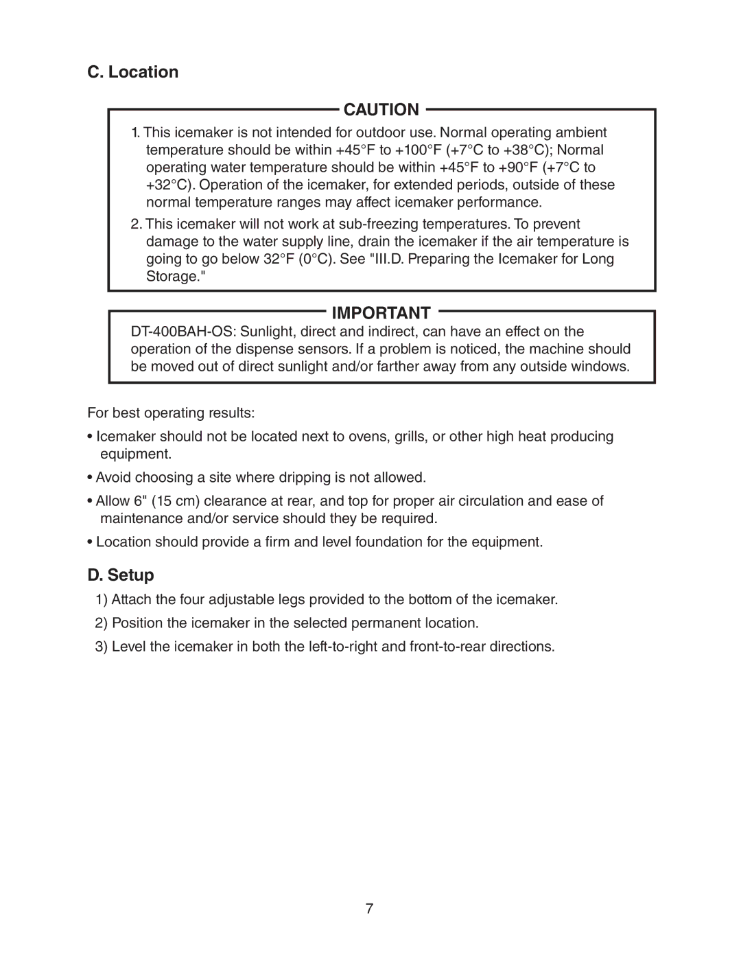 Hoshizaki DT-400BAH-OS instruction manual Location, Setup 