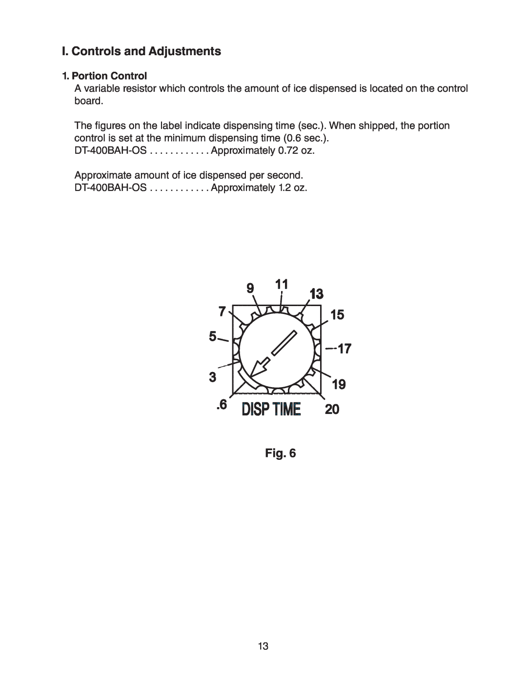 Hoshizaki DT-400BAH-OS instruction manual I. Controls and Adjustments, Portion Control 