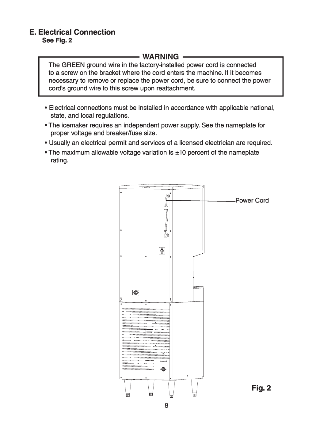 Hoshizaki DT-400BAH-OS instruction manual E. Electrical Connection, See Fig 