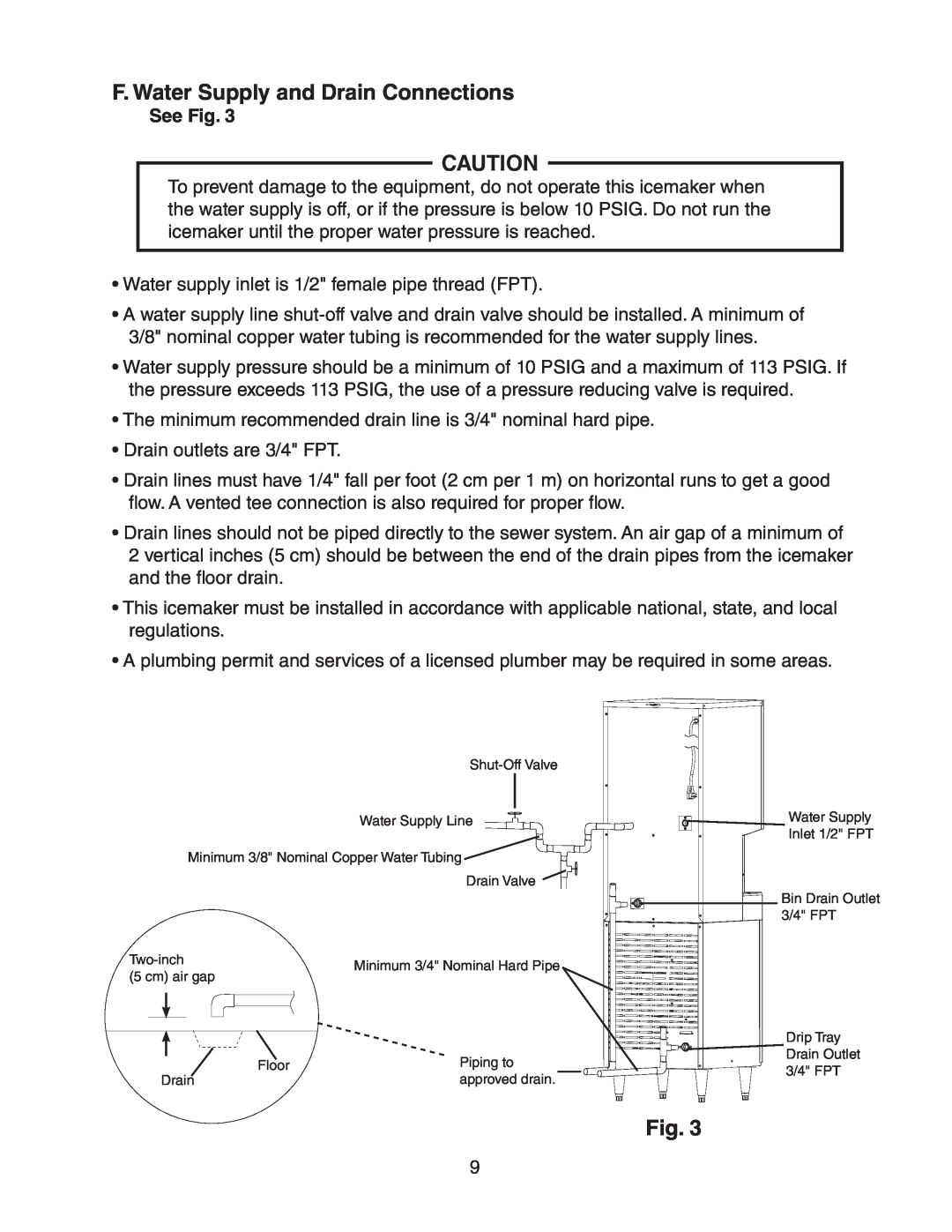 Hoshizaki DT-400BAH-OS instruction manual F. Water Supply and Drain Connections, See Fig 