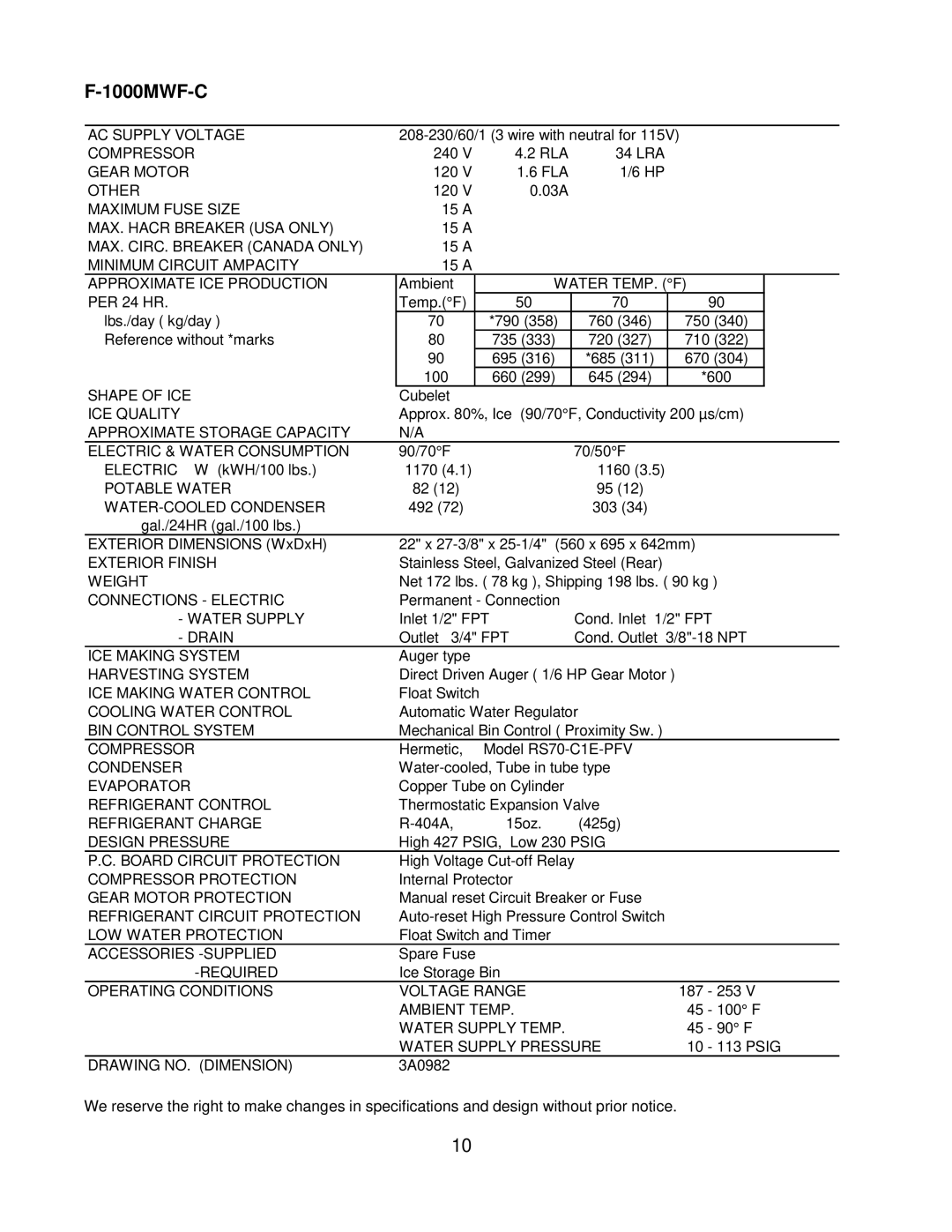 Hoshizaki F-1000MRF/-C, F-1000MAF/-C, F-1000MLF/-C, F-1000MWF/-C 1000MWF-C, Potable Water WATER-COOLED Condenser 