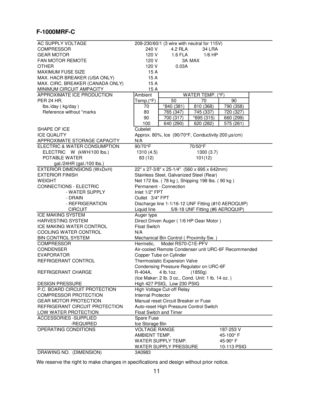 Hoshizaki F-1000MWF/-C, F-1000MAF/-C, F-1000MLF/-C, F-1000MRF/-C service manual 1000MRF-C 