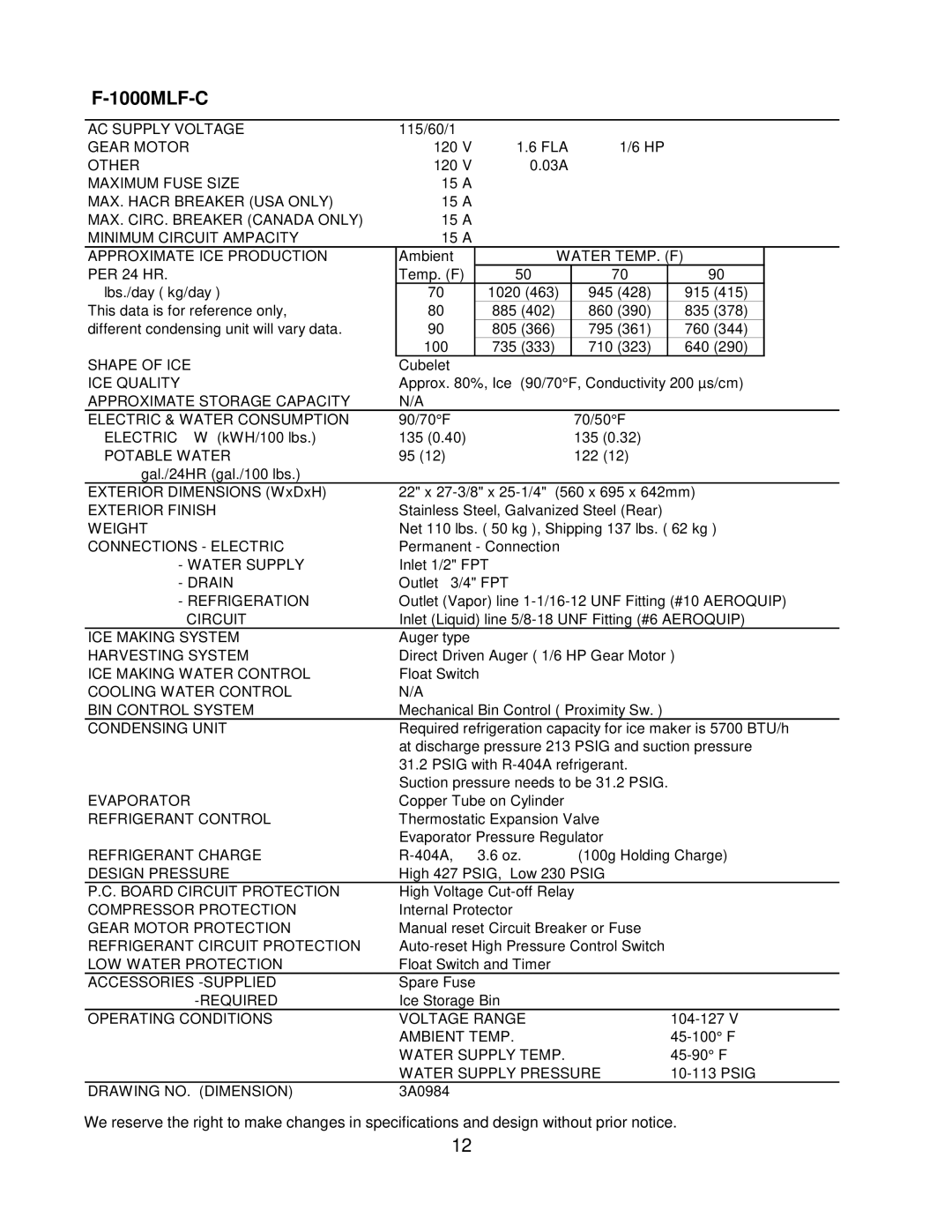 Hoshizaki F-1000MAF/-C, F-1000MLF/-C, F-1000MRF/-C, F-1000MWF/-C service manual 1000MLF-C 